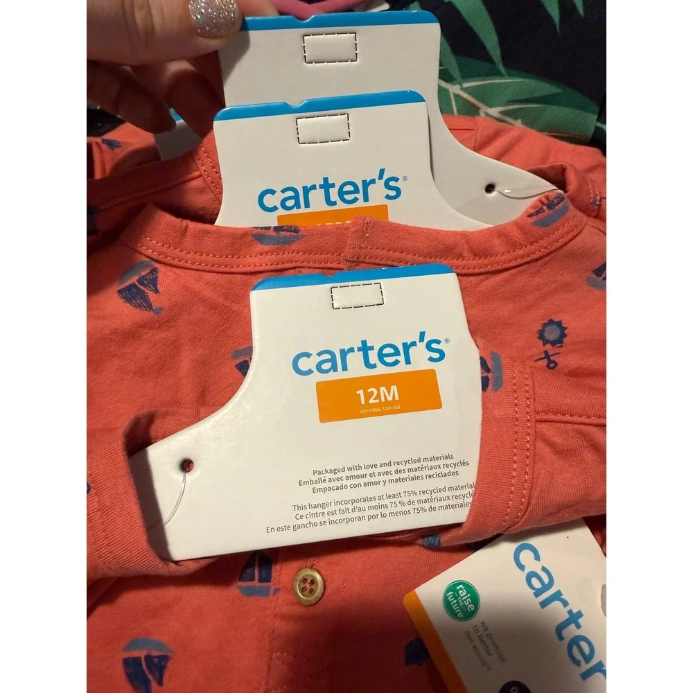 Carters 12m Baby Boys Nautical Sailboat Henley Romper Coral Pink Short Sleeve